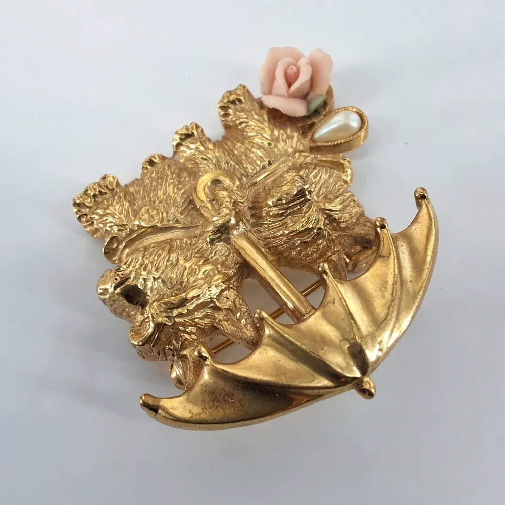 1928 Jewelry Yorkies in Rain Gold Tone Brooch Pink Porcelain Rose Faux Pearl